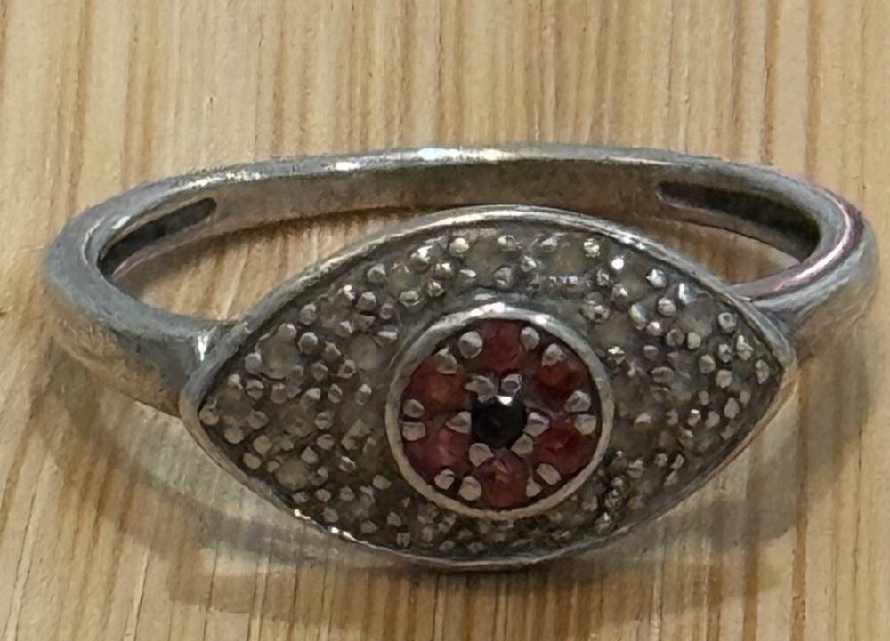 Vintage HSN Rarities Carol Brodie Sterling Silver Evil Eye Red Sapphire Ring Sz